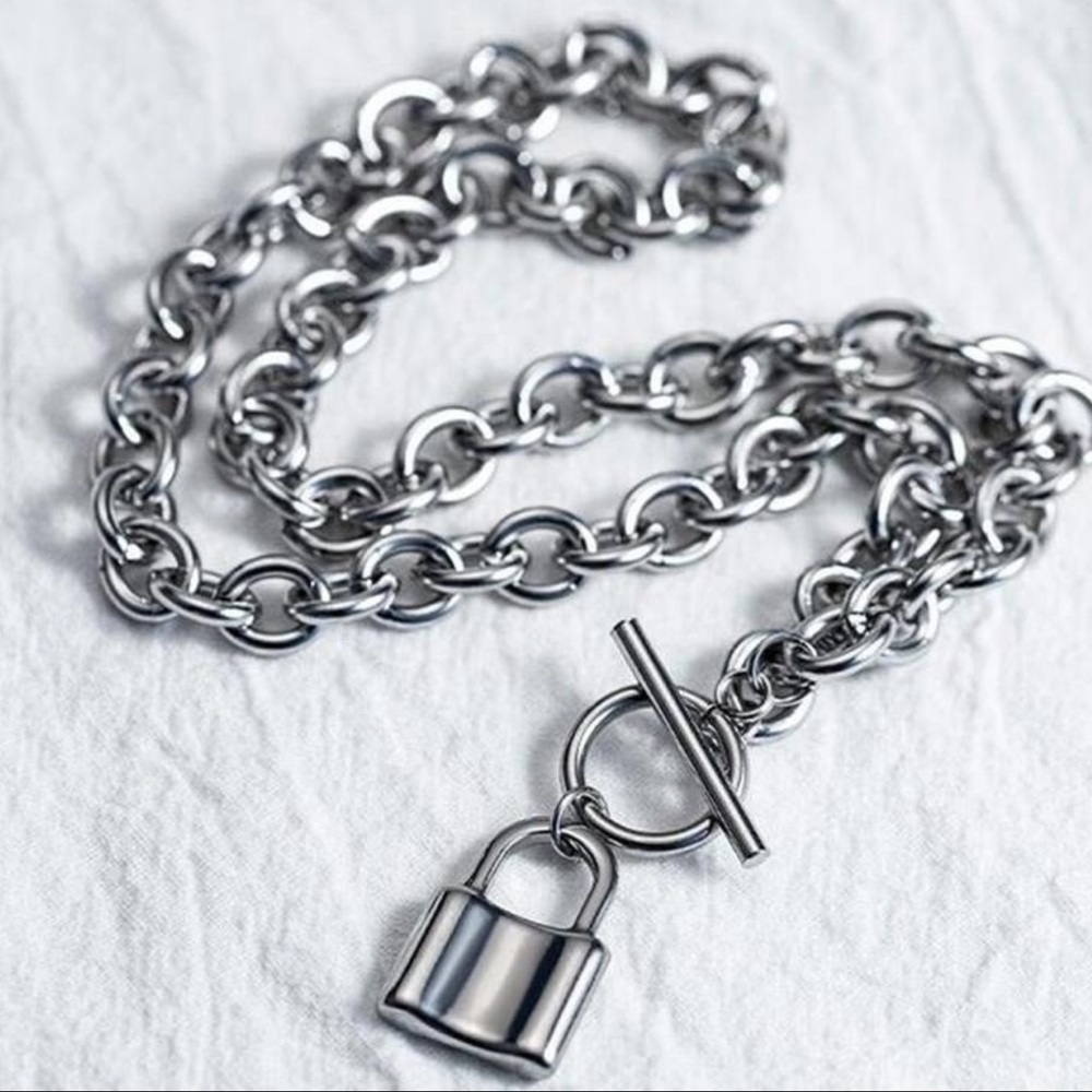 Silver Chain Necklace with Padlock Pendant